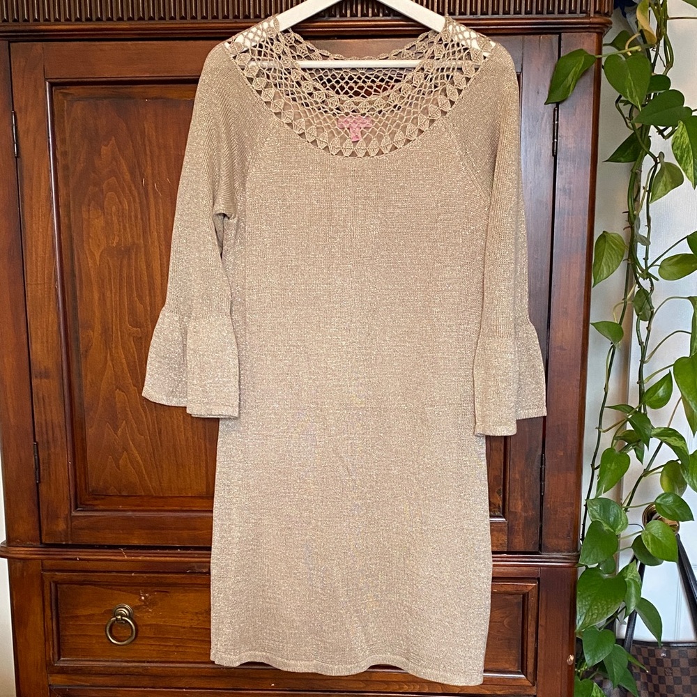 Lilly Pulitzer Carino Crochet accent Dress in Gold Metallic thread Size Medim
